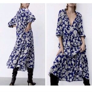Zara Blue & White Floral Oversized Midi Dress V-Neck Size M NWT